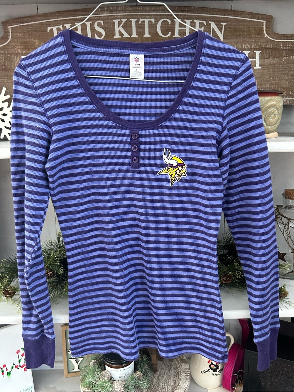Women's Striped Purple Henley Sleep Top with Team Patch